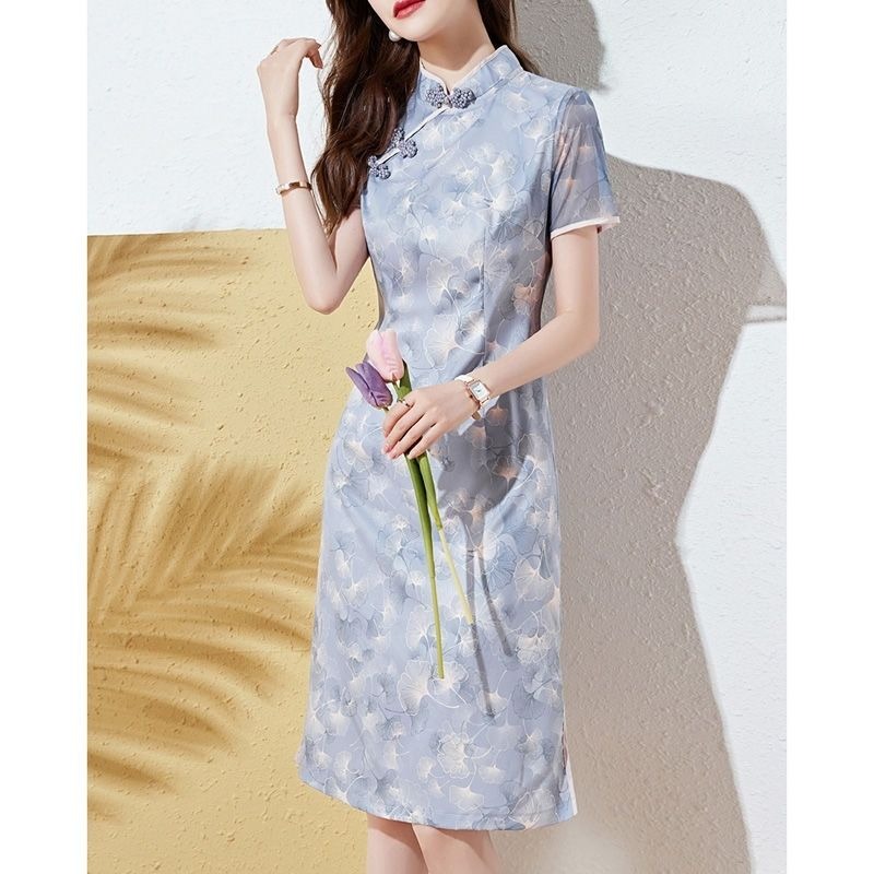 Midi Skirt Floral - Robe Cheongsam pour femmes, bleu clair,