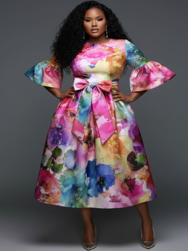 Midi Skirt Floral - Robe midi grande taille à col
