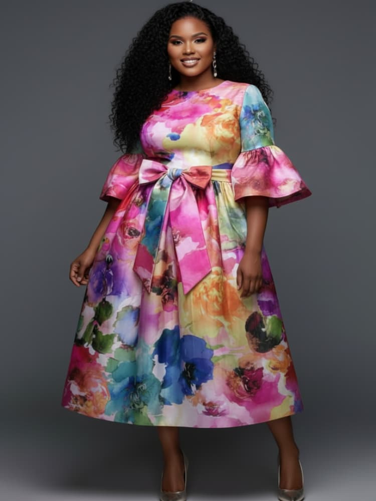 Robe midi grande taille à col  - Midi Skirt Floral avis et prix