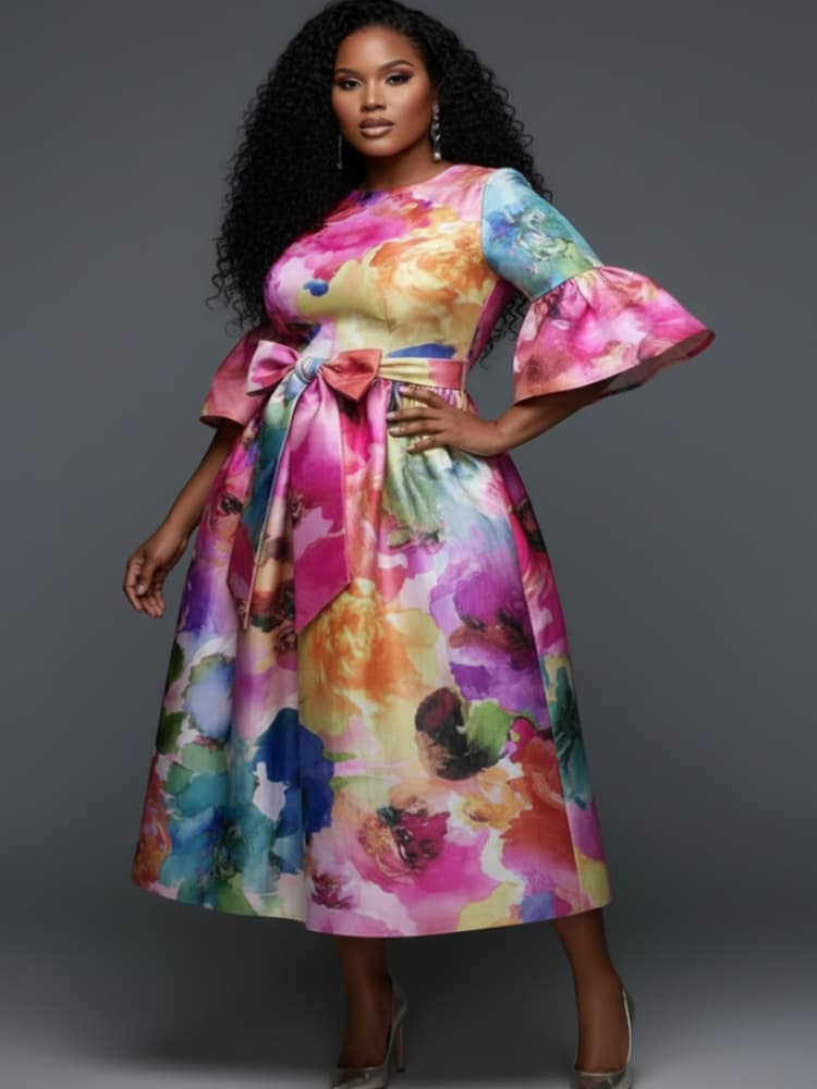 Robe midi grande taille à col  - Midi Skirt Floral avis et prix