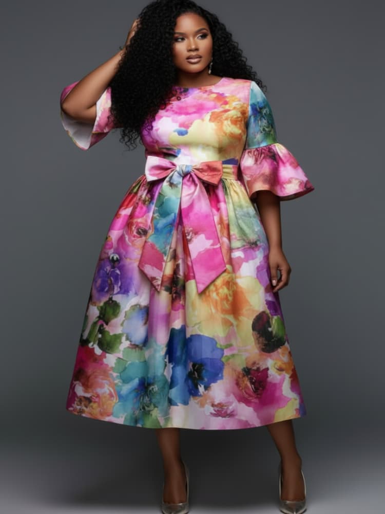 Robe midi grande taille à col  - Midi Skirt Floral avis et prix
